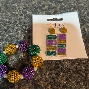 Mardi Gras Kids Bracelet and Earrings Set - Purple, Green, Gold